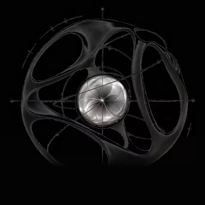 A matte black sculptural ring around a glass sphere, drawn with fine measurement lines
